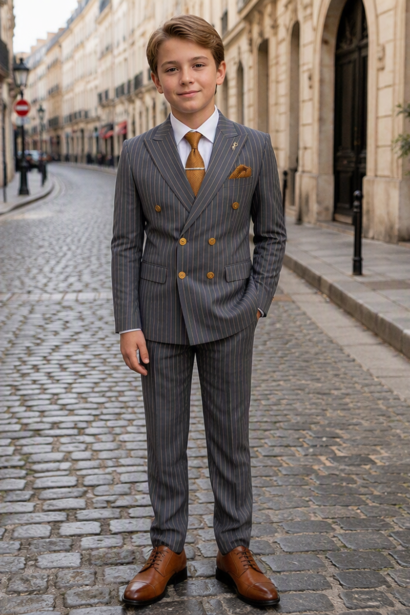 Boys Grey Pinstripe Double?Breasted2-Piece Suit for Weddings
