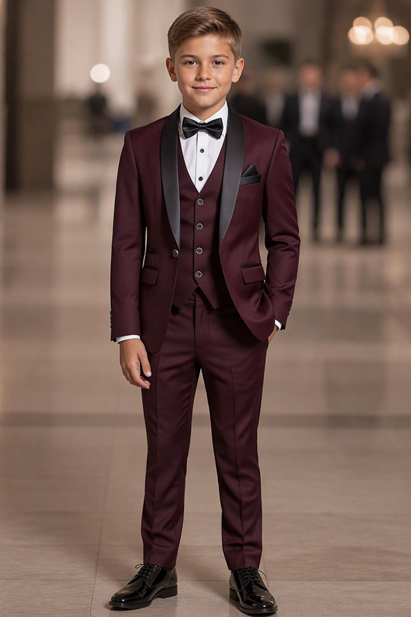Boys Burgundy Tuxedo 3-Piece Suit for Weddings
