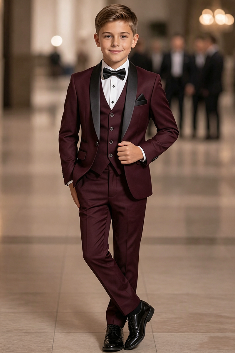 Boys Burgundy Tuxedo 3-Piece Suit for Weddings