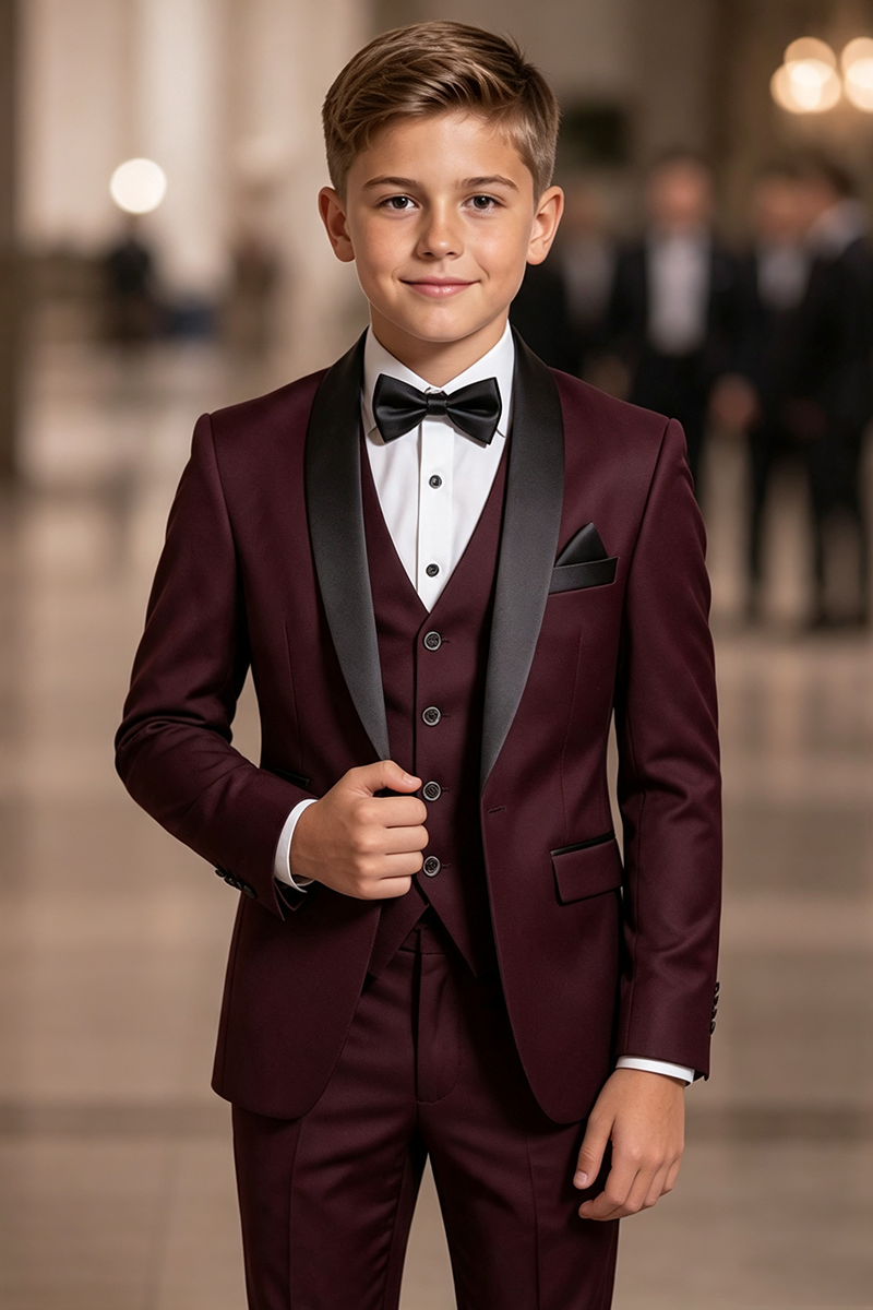 Boys Burgundy Tuxedo 3-Piece Suit for Weddings