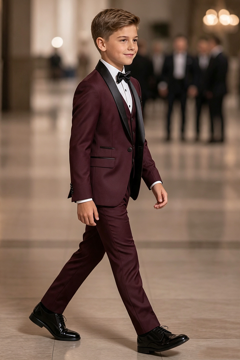 Boys Burgundy Tuxedo 3-Piece Suit for Weddings