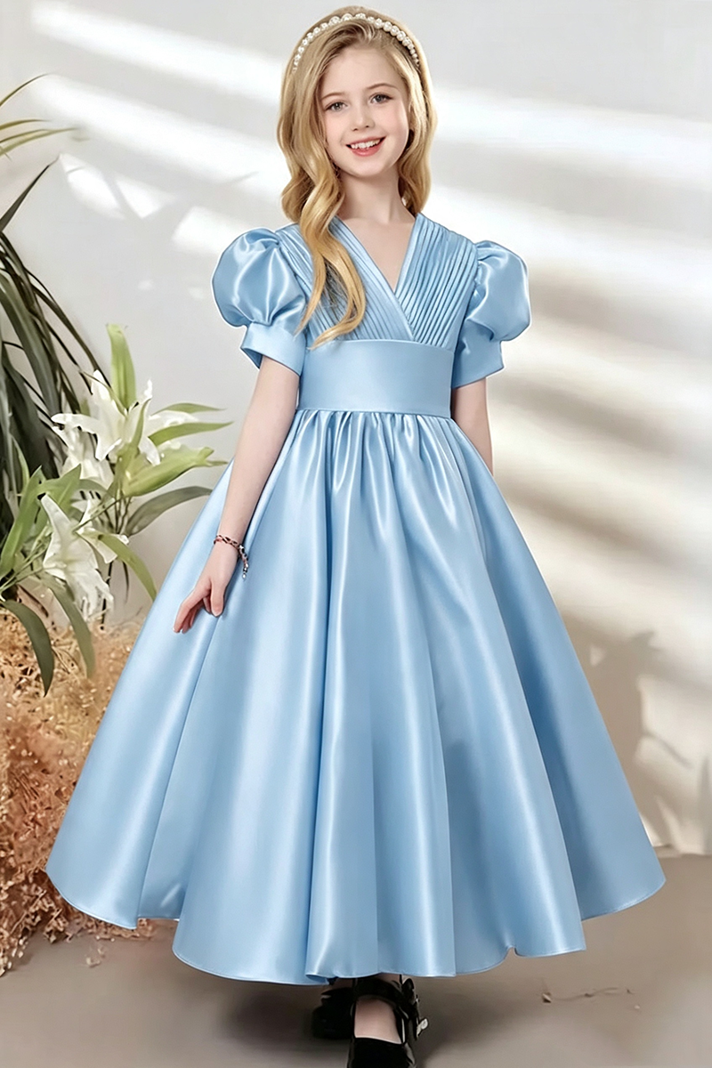 Girls Teal Satin Puff‑Sleeve Flower Girl Dress for Weddings with V‑Neck Silhouette