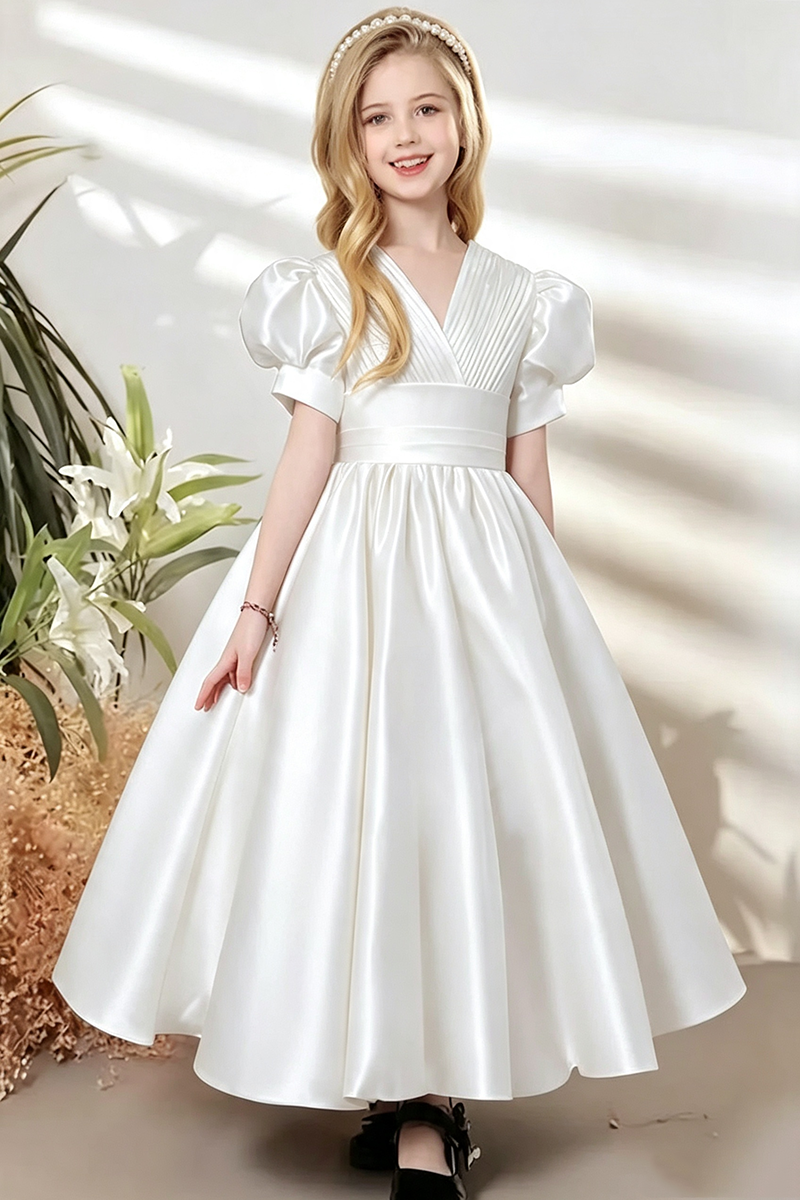 Girls Teal Satin Puff‑Sleeve Flower Girl Dress for Weddings with V‑Neck Silhouette