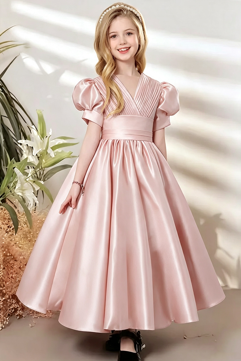 Girls Teal Satin Puff‑Sleeve Flower Girl Dress for Weddings with V‑Neck Silhouette