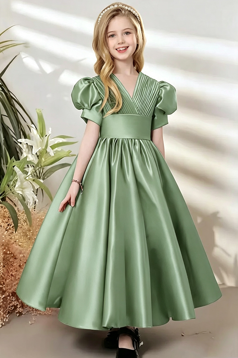 Girls Teal Satin Puff‑Sleeve Flower Girl Dress for Weddings with V‑Neck Silhouette