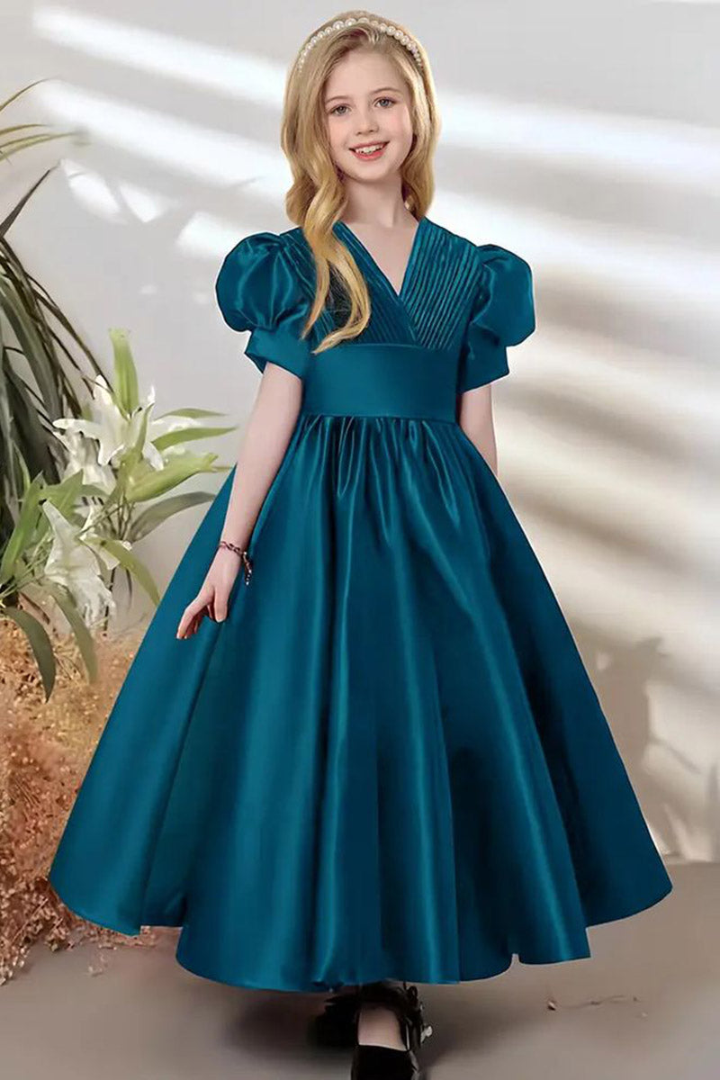 Girls Teal Satin Puff‑Sleeve Flower Girl Dress for Weddings with V‑Neck Silhouette
