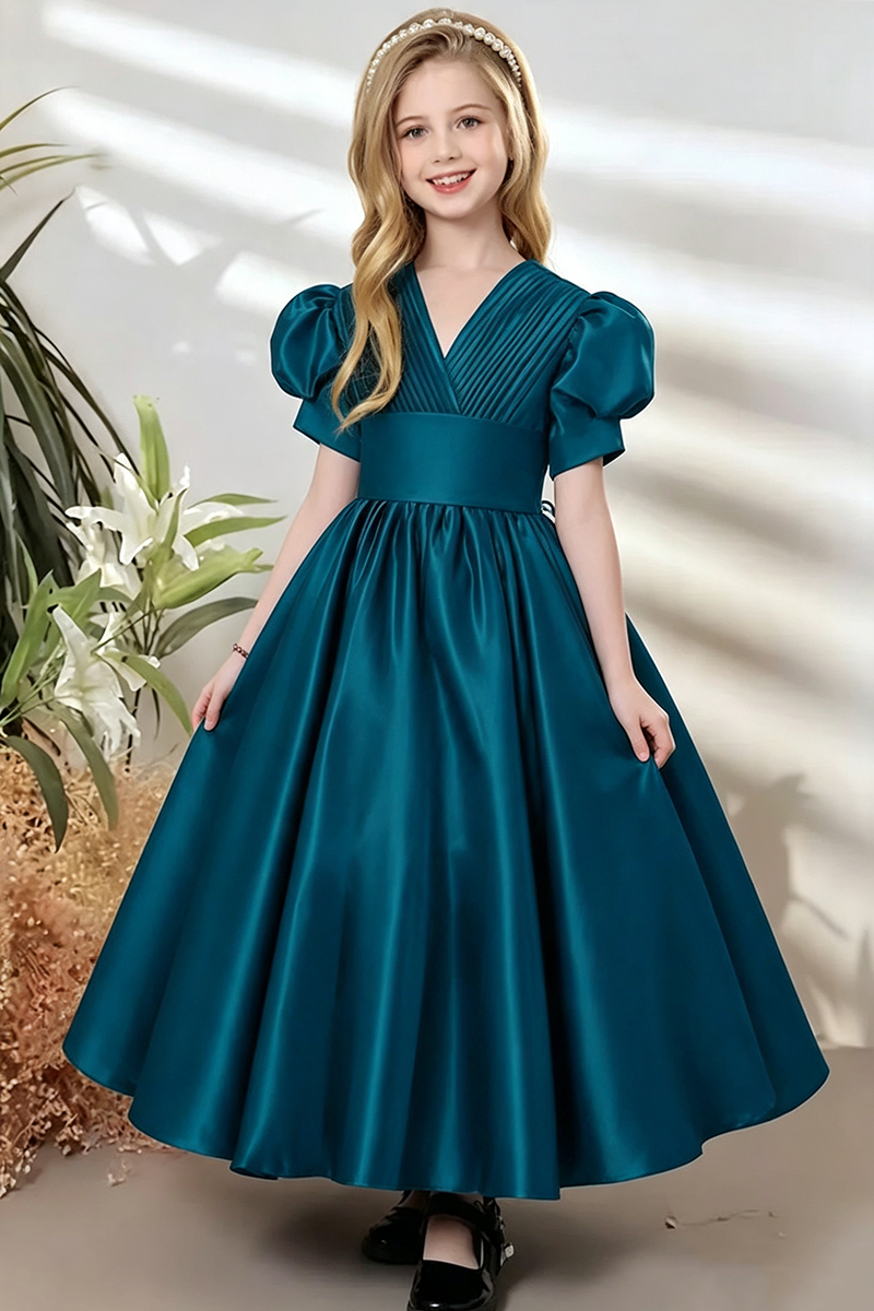 Girls Teal Satin Puff‑Sleeve Flower Girl Dress for Weddings with V‑Neck Silhouette
