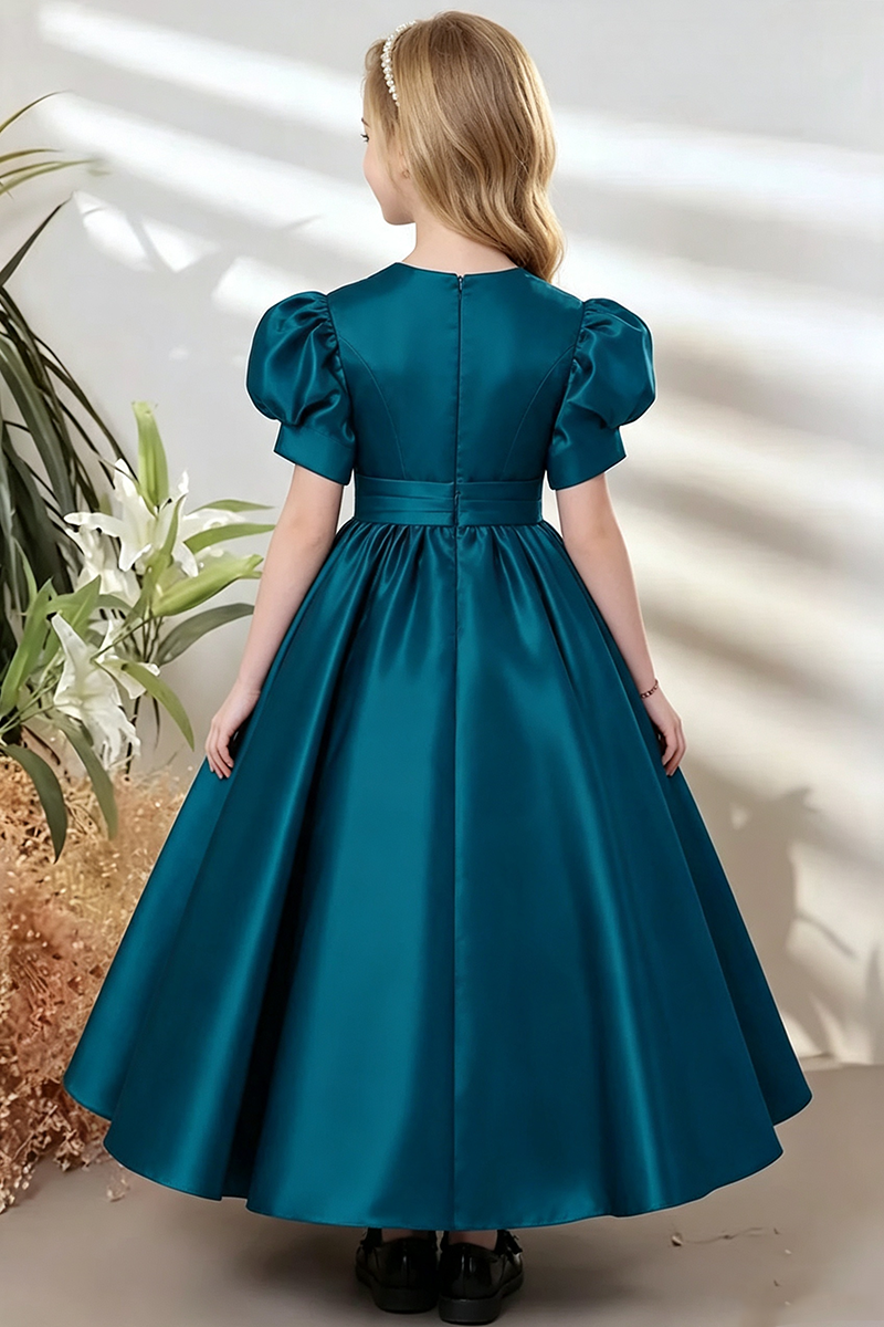 Girls Teal Satin Puff‑Sleeve Flower Girl Dress for Weddings with V‑Neck Silhouette