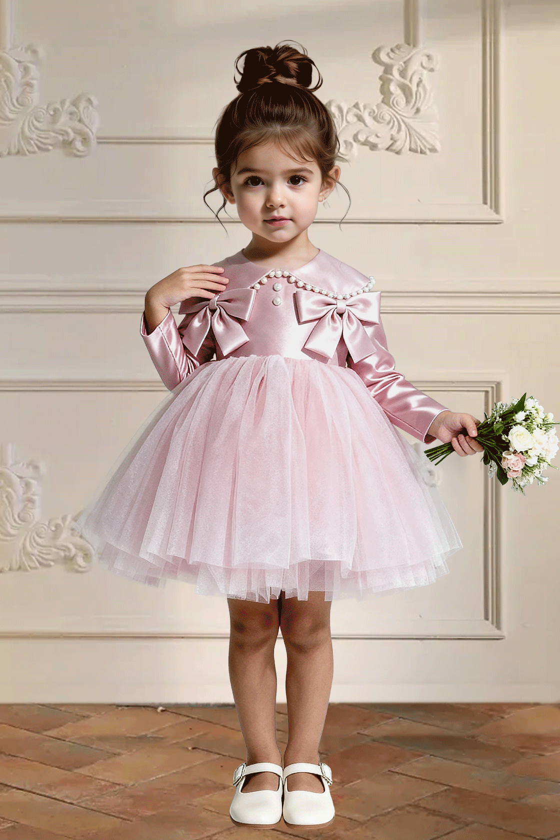 Pink Satin Pearl Bow Tulle Long‑Sleeve A‑Line Flower Girl Dress