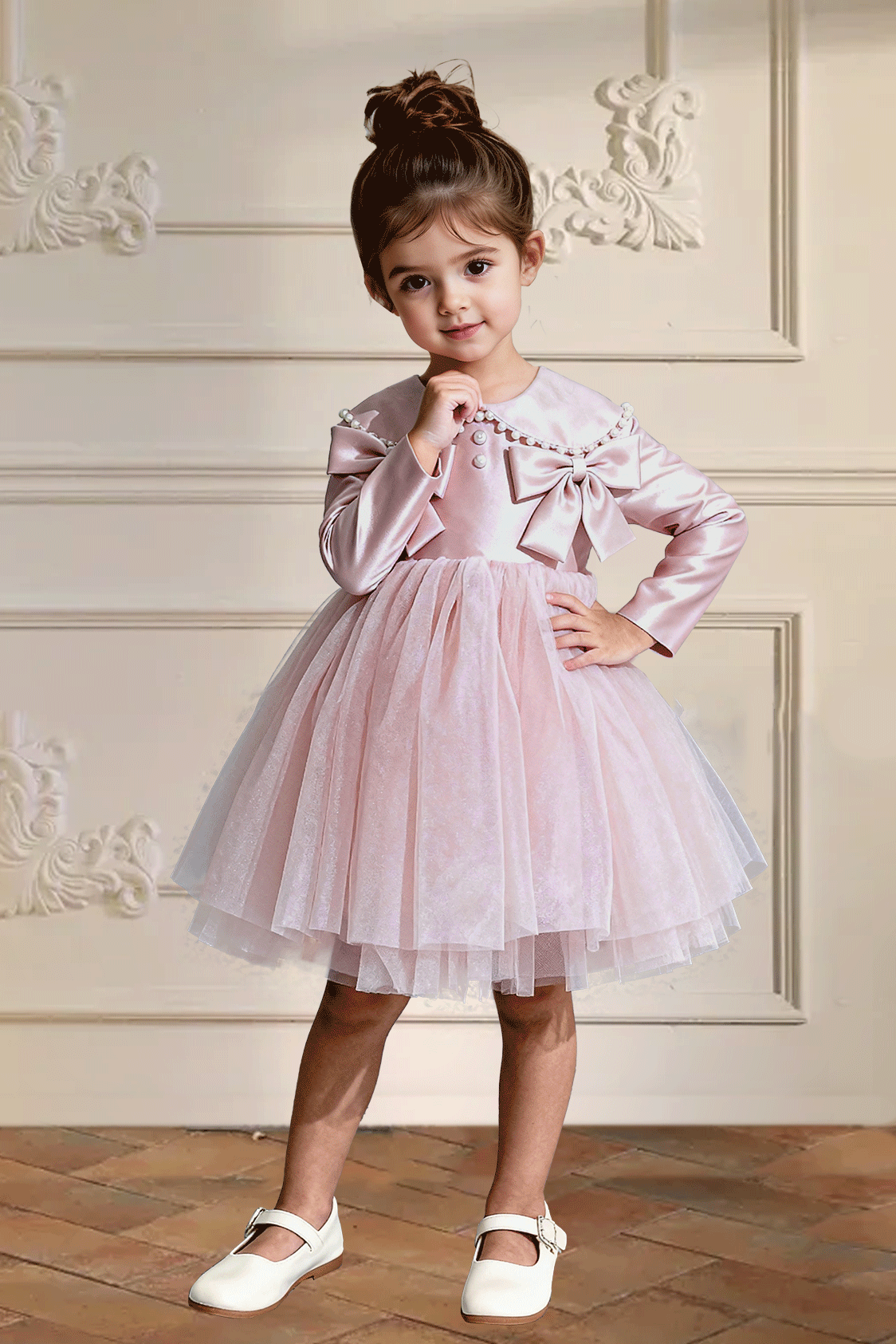Pink Satin Pearl Bow Tulle Long‑Sleeve A‑Line Flower Girl Dress