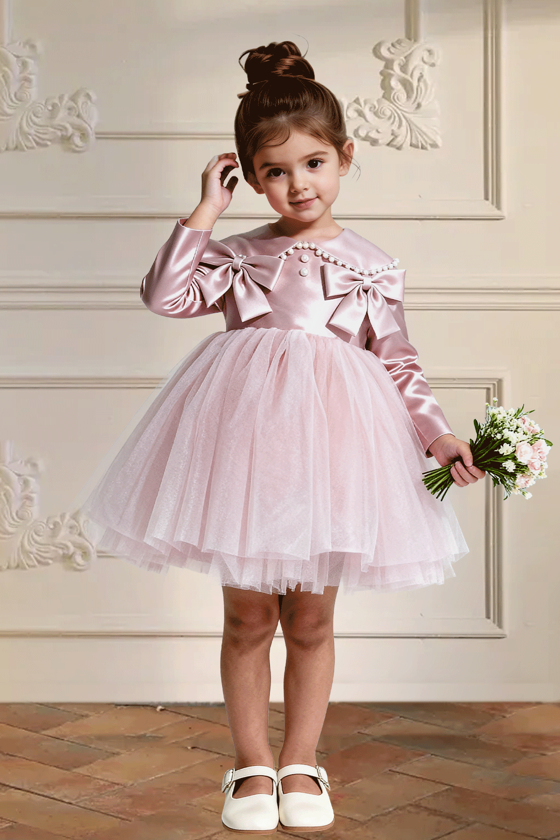Pink Satin Pearl Bow Tulle Long‑Sleeve A‑Line Flower Girl Dress