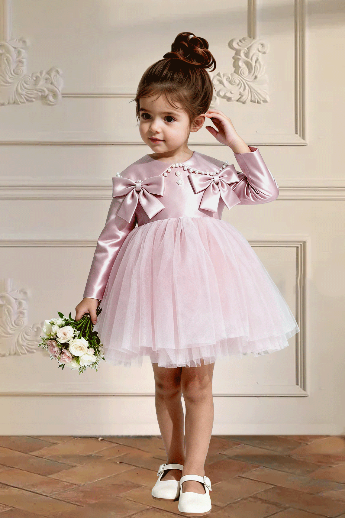 Pink Satin Pearl Bow Tulle Long‑Sleeve A‑Line Flower Girl Dress