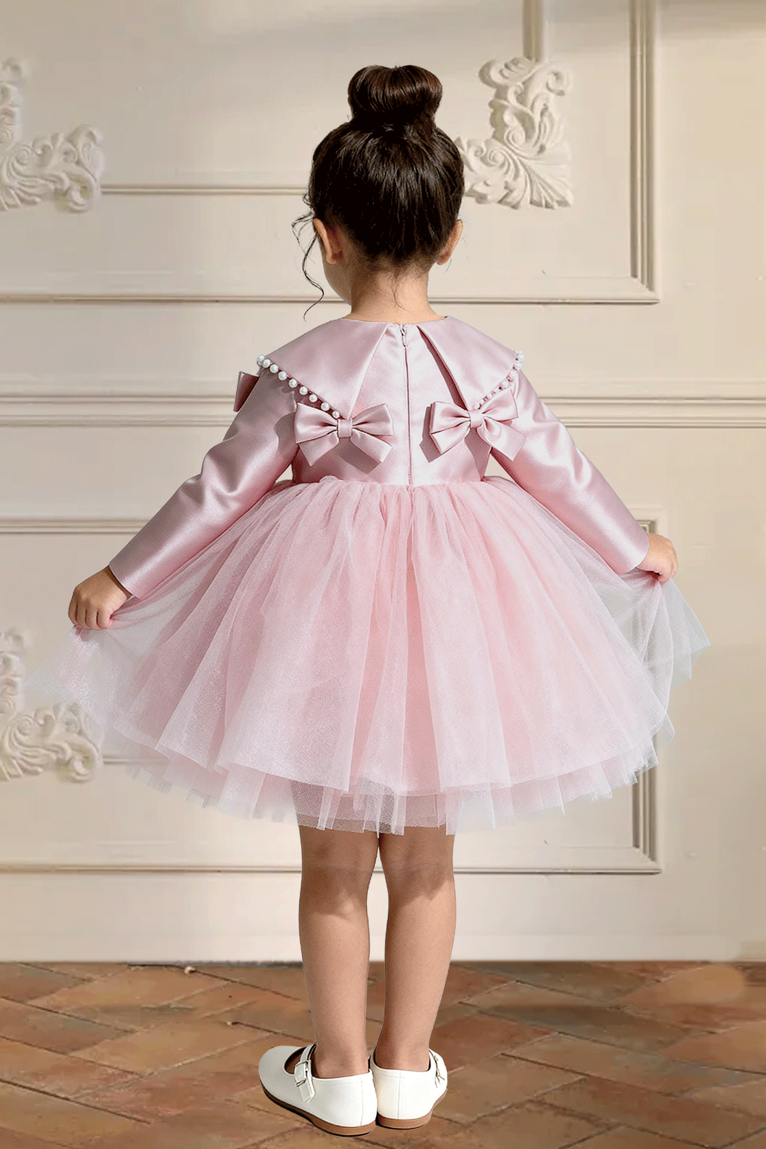 Pink Satin Pearl Bow Tulle Long‑Sleeve A‑Line Flower Girl Dress
