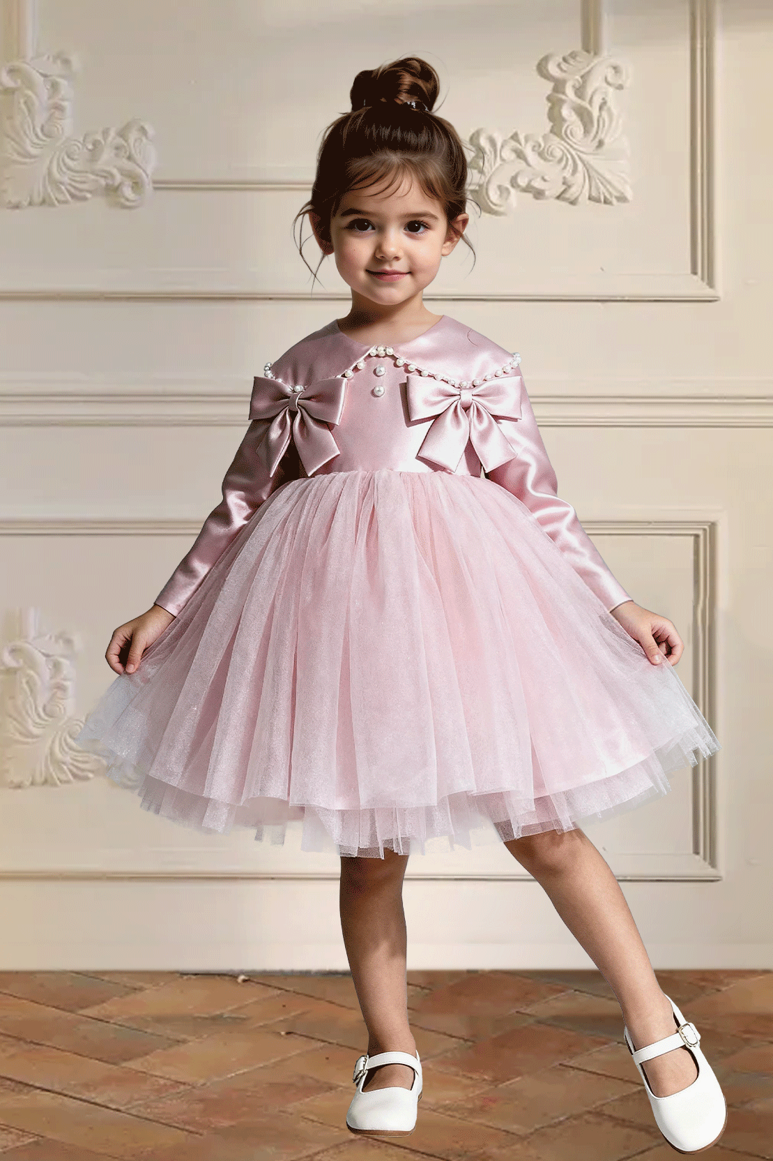 Pink Satin Pearl Bow Tulle Long‑Sleeve A‑Line Flower Girl Dress