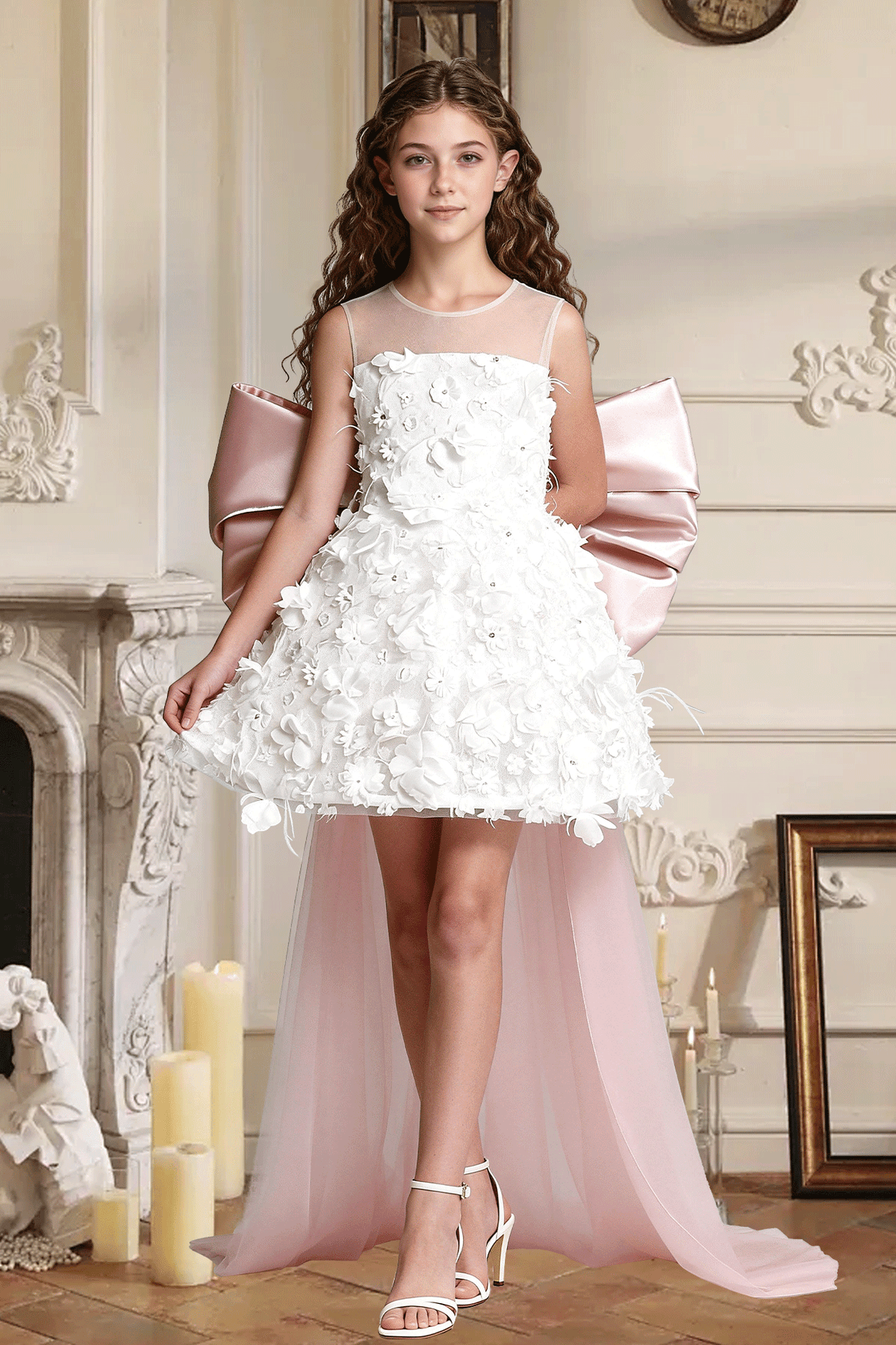White 3D Floral Pageant Oversized Blush Pink Satin Bow High‑Low Tulle Dress