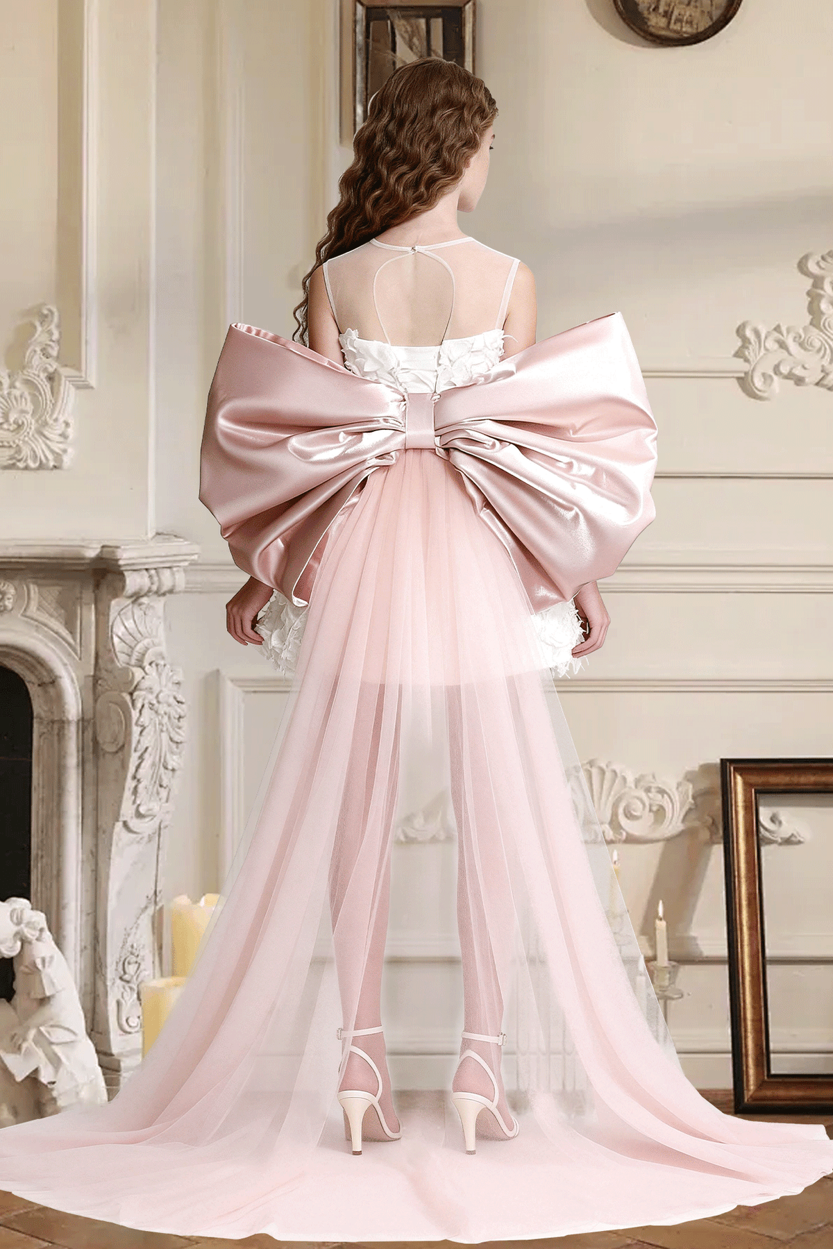 White 3D Floral Pageant Oversized Blush Pink Satin Bow High‑Low Tulle Dress