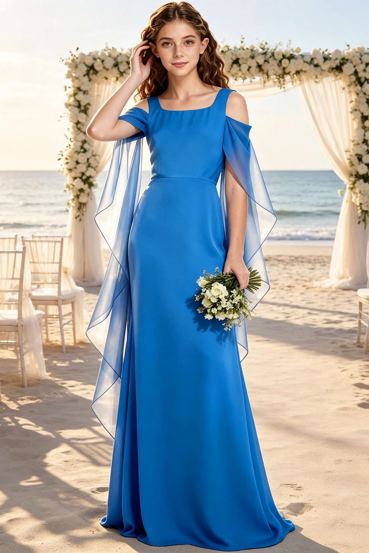 Deep Blue Cold‑Shoulder Chiffon Cape Sleeve Long Formal Dress