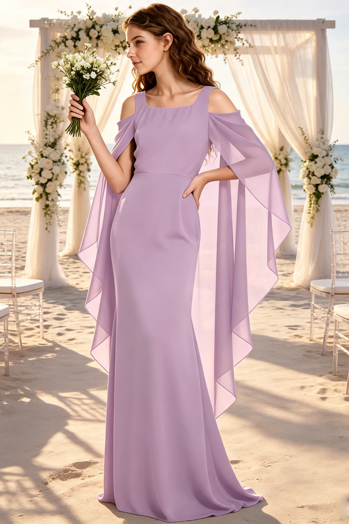 Deep Blue Cold‑Shoulder Chiffon Cape Sleeve Long Formal Dress