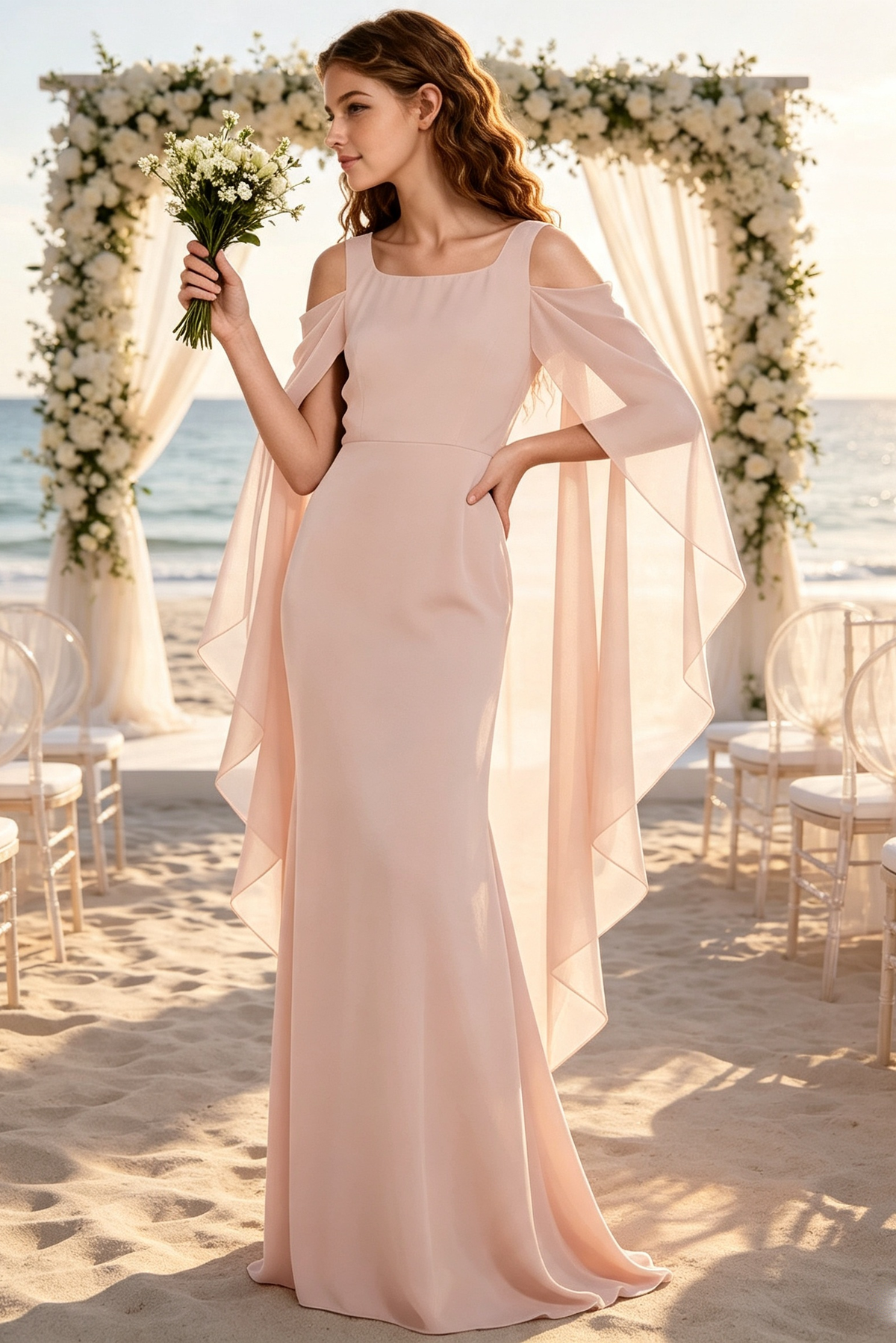 Deep Blue Cold‑Shoulder Chiffon Cape Sleeve Long Formal Dress