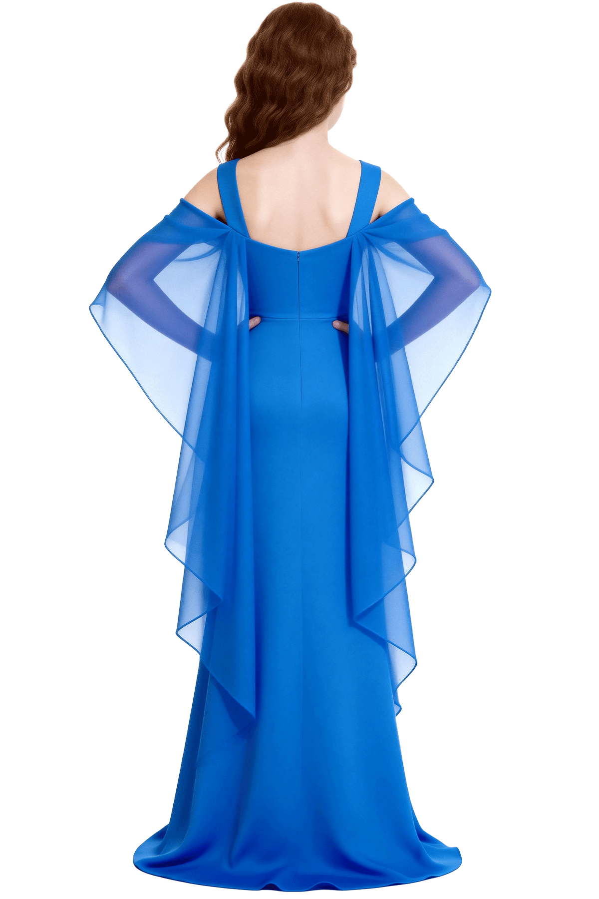 Deep Blue Cold‑Shoulder Chiffon Cape Sleeve Long Formal Dress