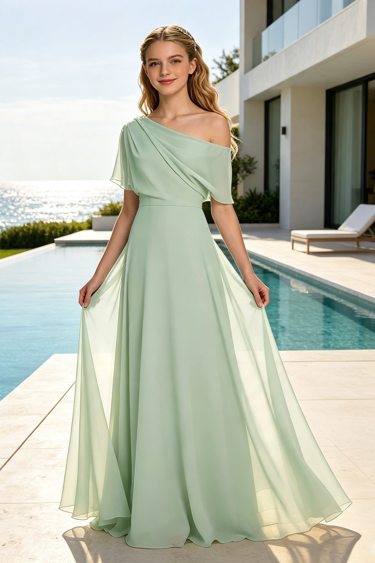 Light Green One‑Shoulder Chiffon Long Bridesmaid Dress