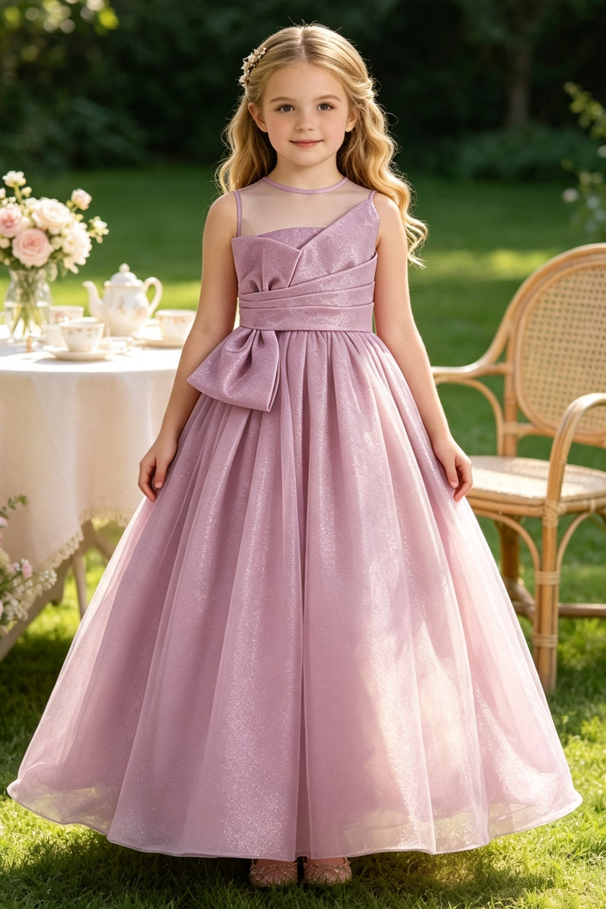 Orange Gold‑Shimmer Satin Bow Voluminous Tulle Flower Girl Dress