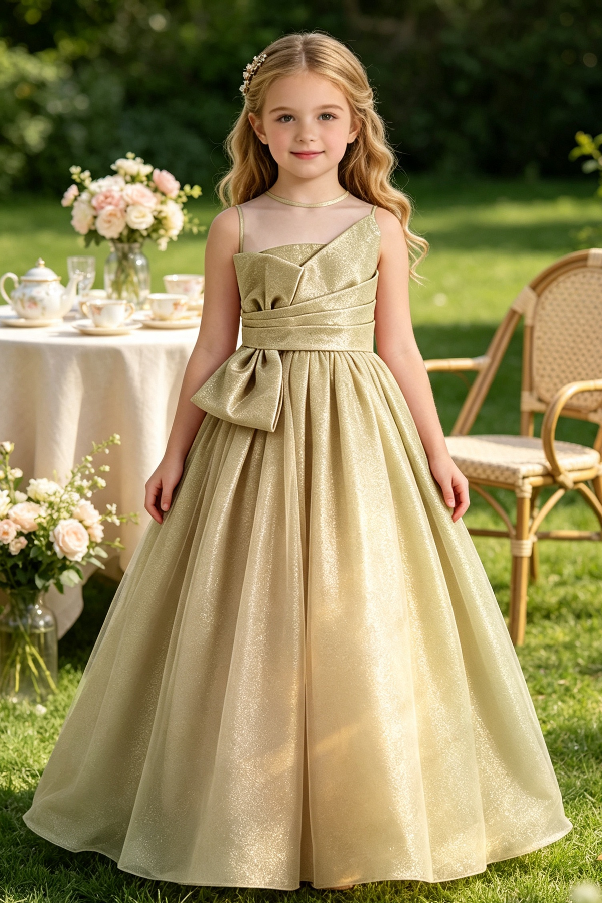 Orange Gold‑Shimmer Satin Bow Voluminous Tulle Flower Girl Dress