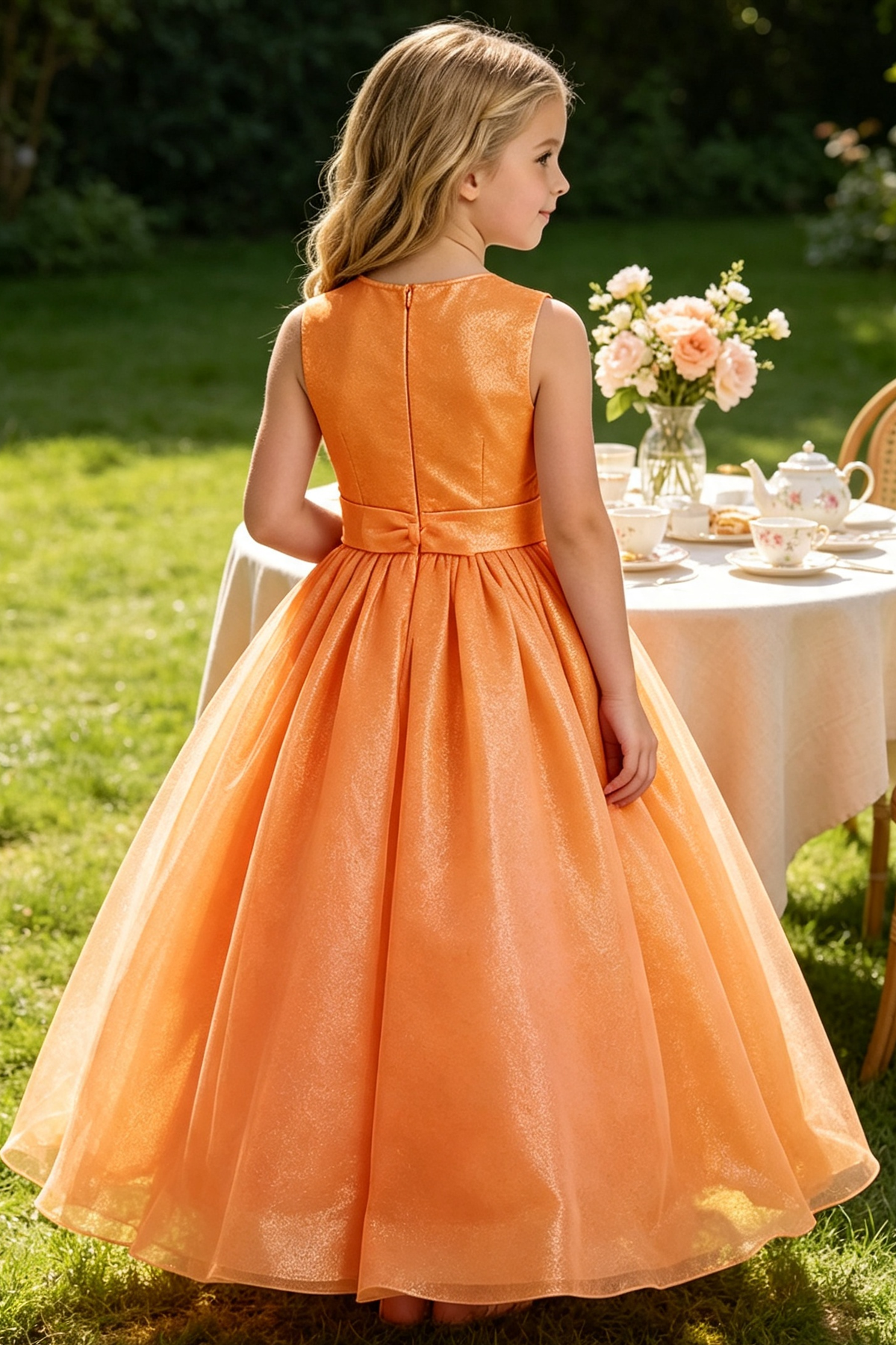 Orange Gold‑Shimmer Satin Bow Voluminous Tulle Flower Girl Dress