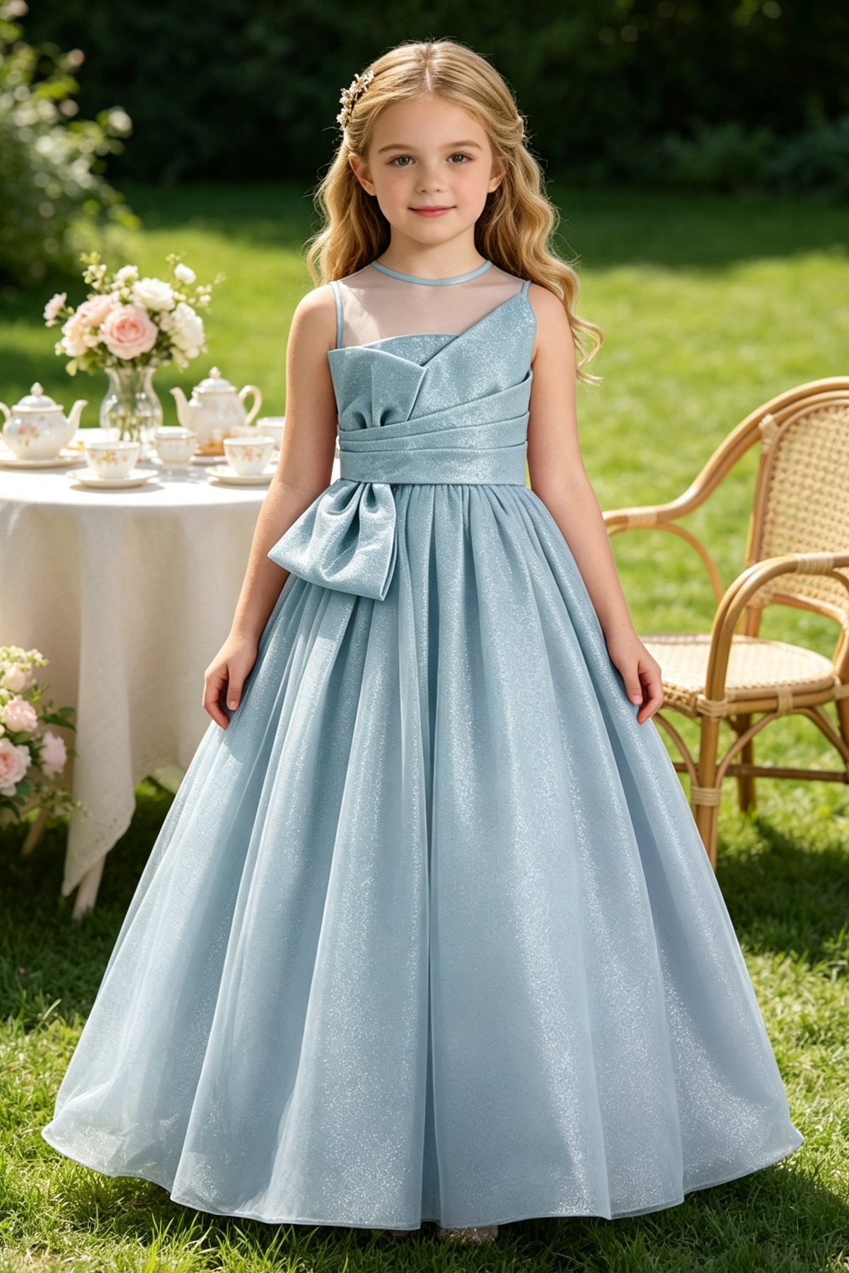 Orange Gold‑Shimmer Satin Bow Voluminous Tulle Flower Girl Dress