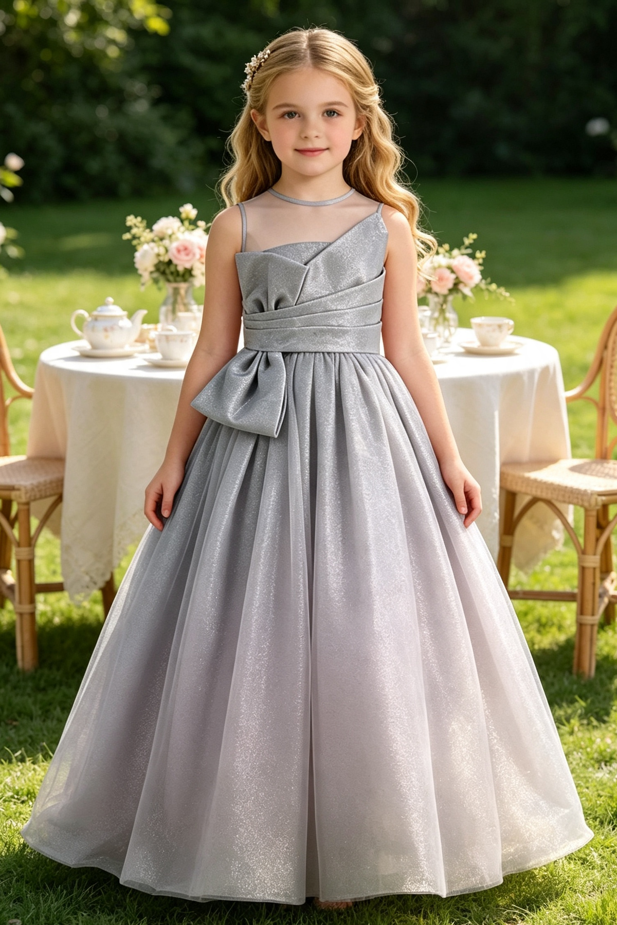 Orange Gold‑Shimmer Satin Bow Voluminous Tulle Flower Girl Dress