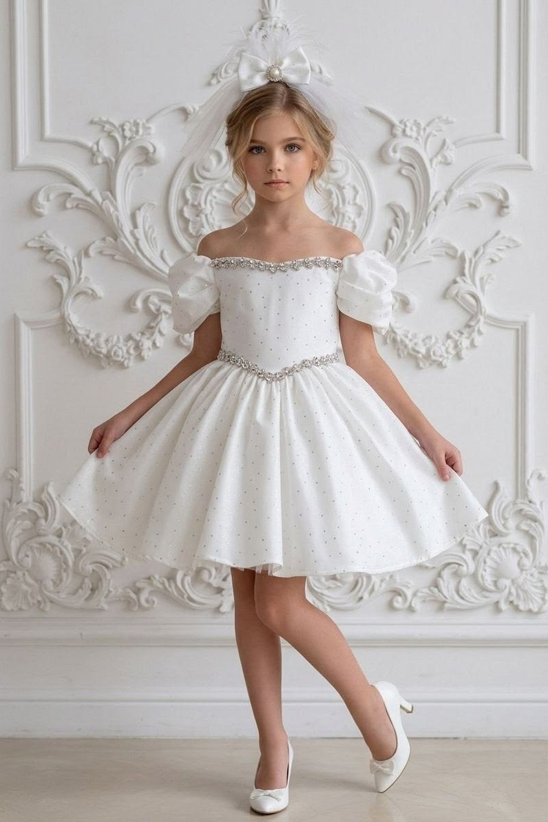 White Satin Rhinestone Puff Sleeve Off‑the‑Shoulder A‑Line Dress
