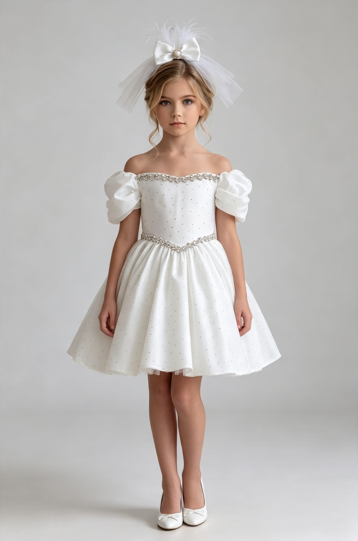 White Satin Rhinestone Puff Sleeve Off‑the‑Shoulder A‑Line Dress
