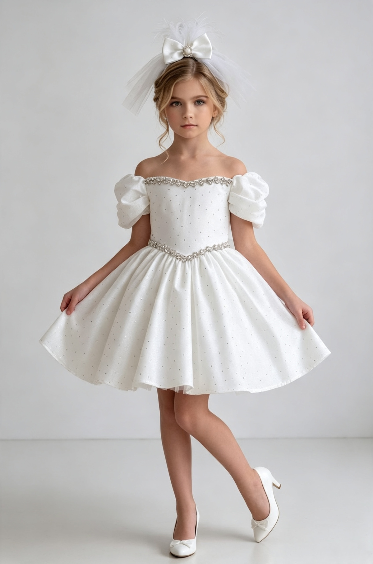 White Satin Rhinestone Puff Sleeve Off‑the‑Shoulder A‑Line Dress
