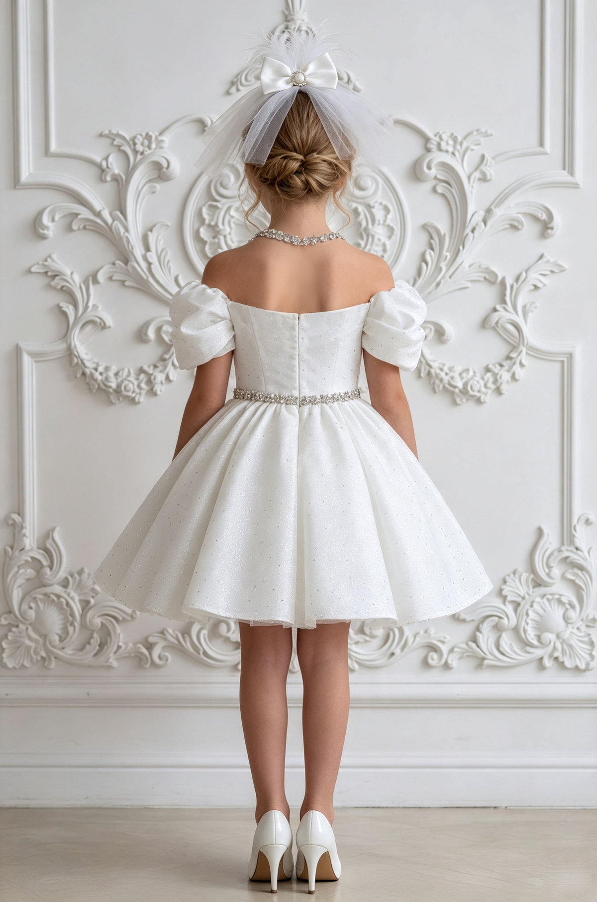 White Satin Rhinestone Puff Sleeve Off‑the‑Shoulder A‑Line Dress