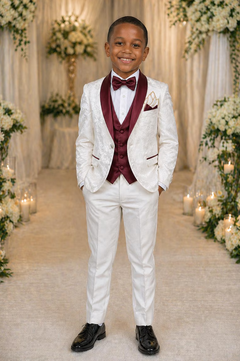 White Jacquard Satin Burgundy Contrast Lapel Single?Breasted 3?Piece Suit