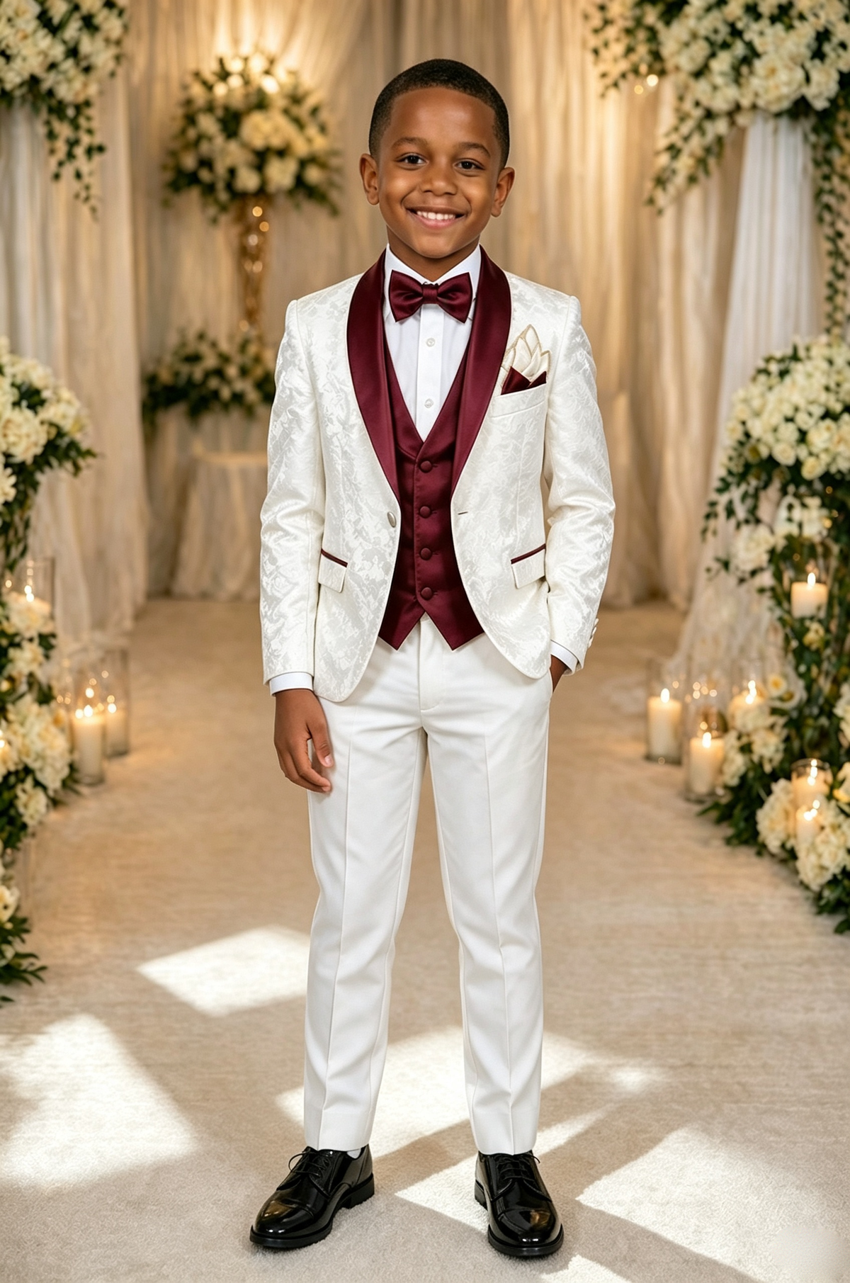 White Jacquard Satin Burgundy Contrast Lapel Single?Breasted 3?Piece Suit