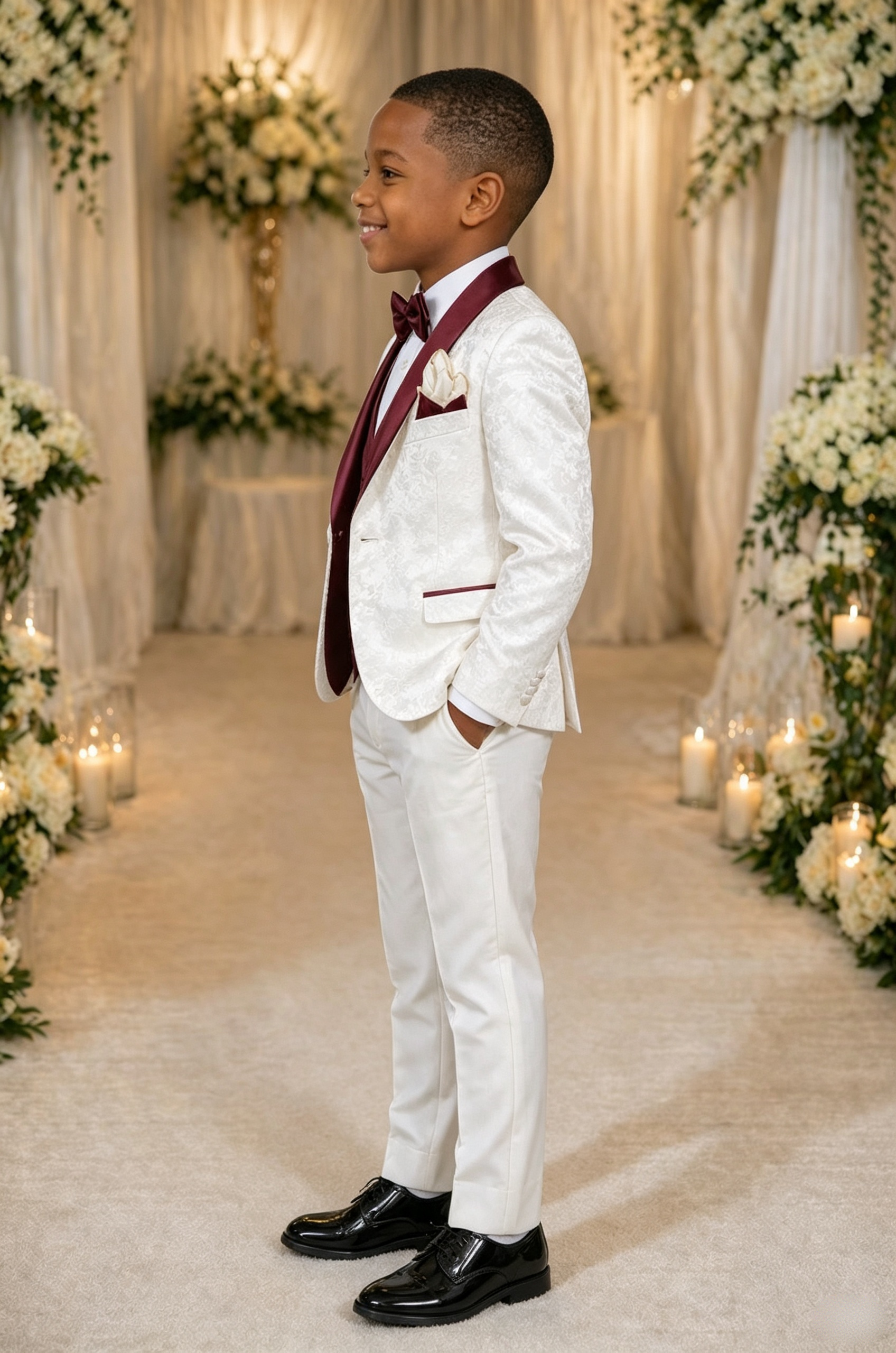 White Jacquard Satin Burgundy Contrast Lapel Single?Breasted 3?Piece Suit