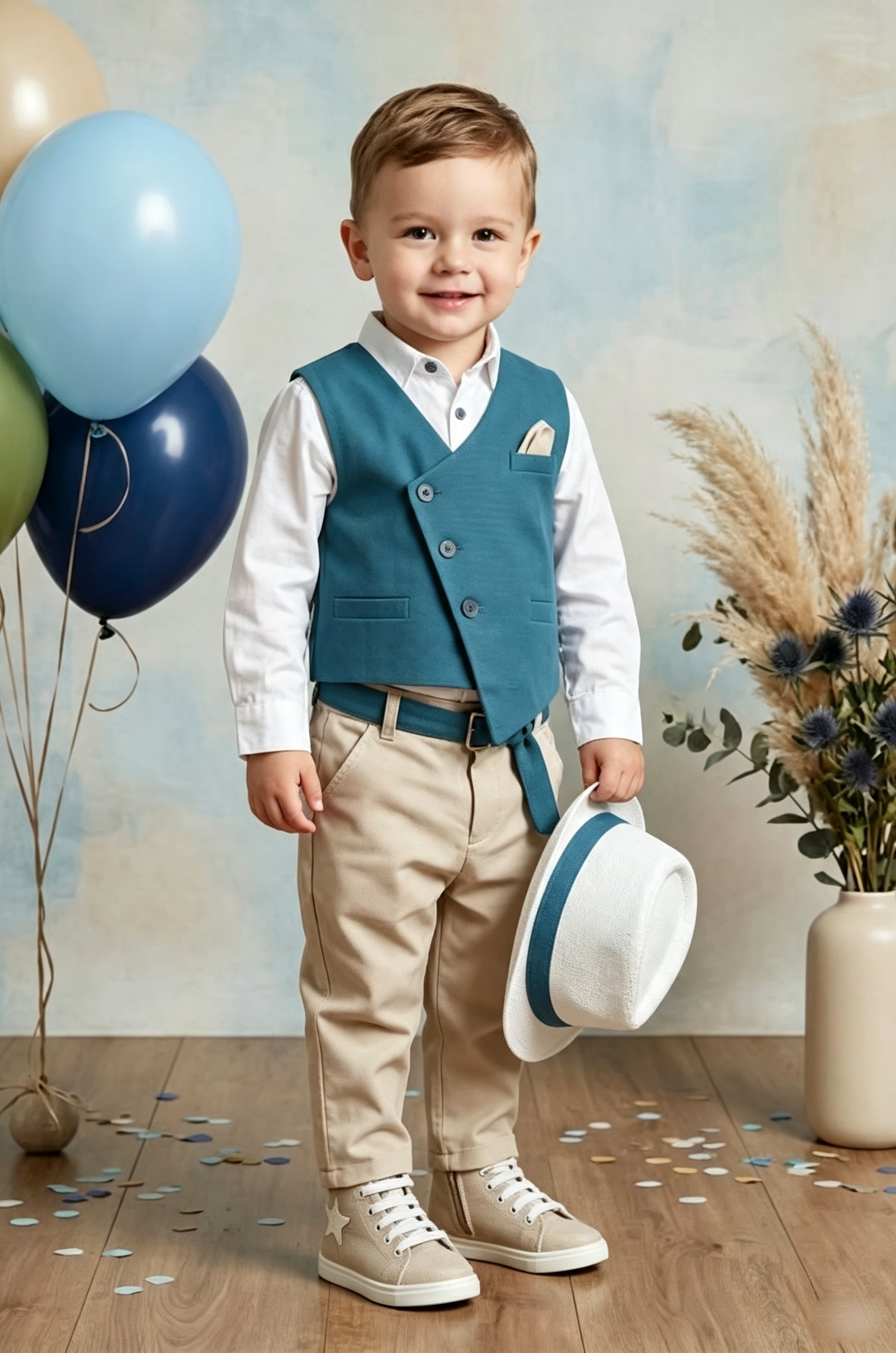 Teal?Blue & Khaki Linen?Blend Asymmetrical Single?Button Waistcoat 2?Piece Suit