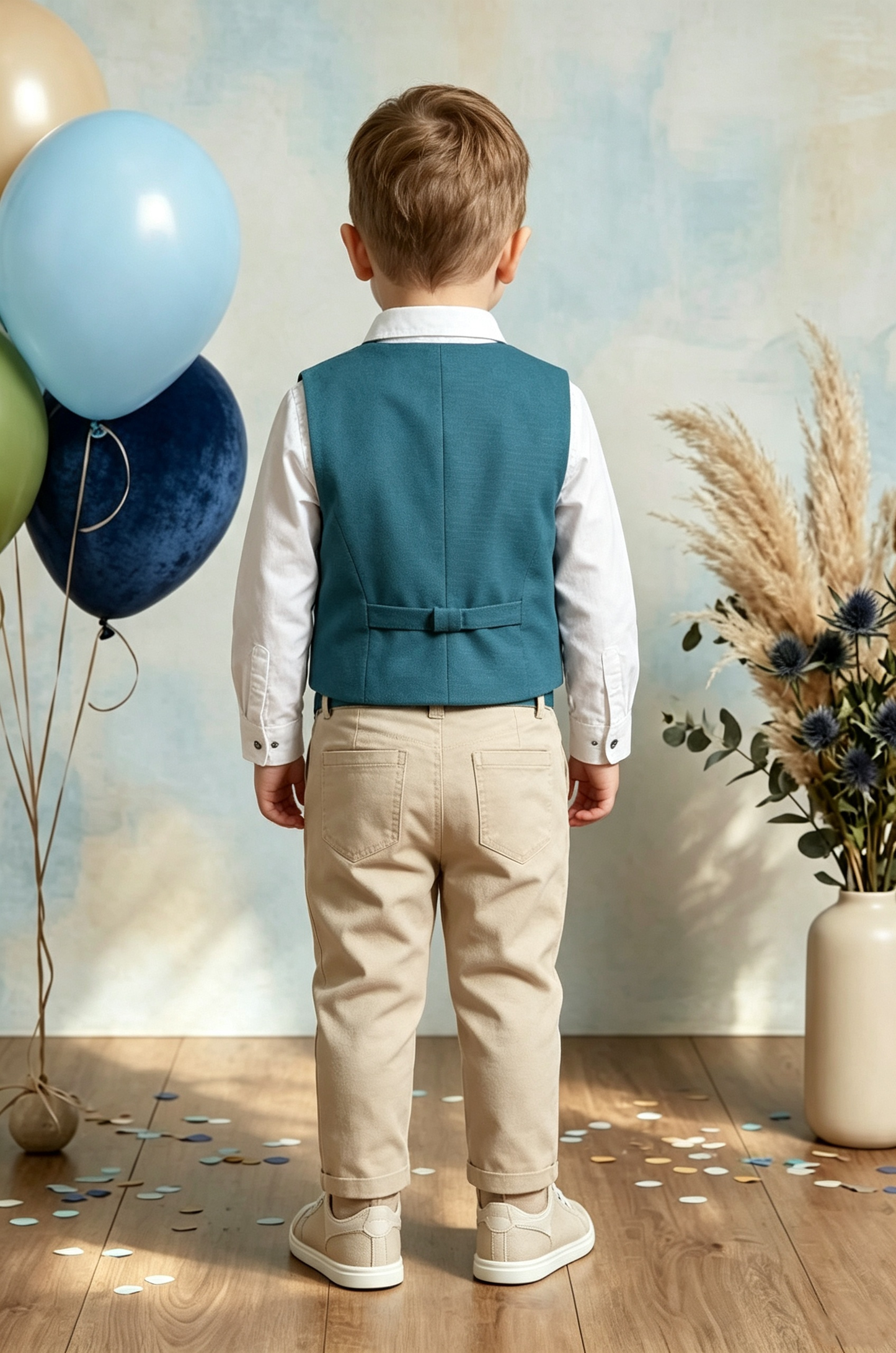 Teal?Blue & Khaki Linen?Blend Asymmetrical Single?Button Waistcoat 2?Piece Suit