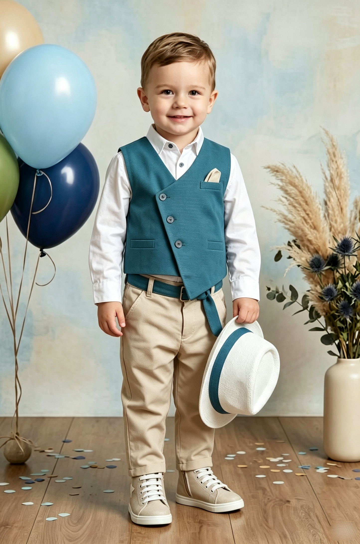 Teal?Blue & Khaki Linen?Blend Asymmetrical Single?Button Waistcoat 2?Piece Suit