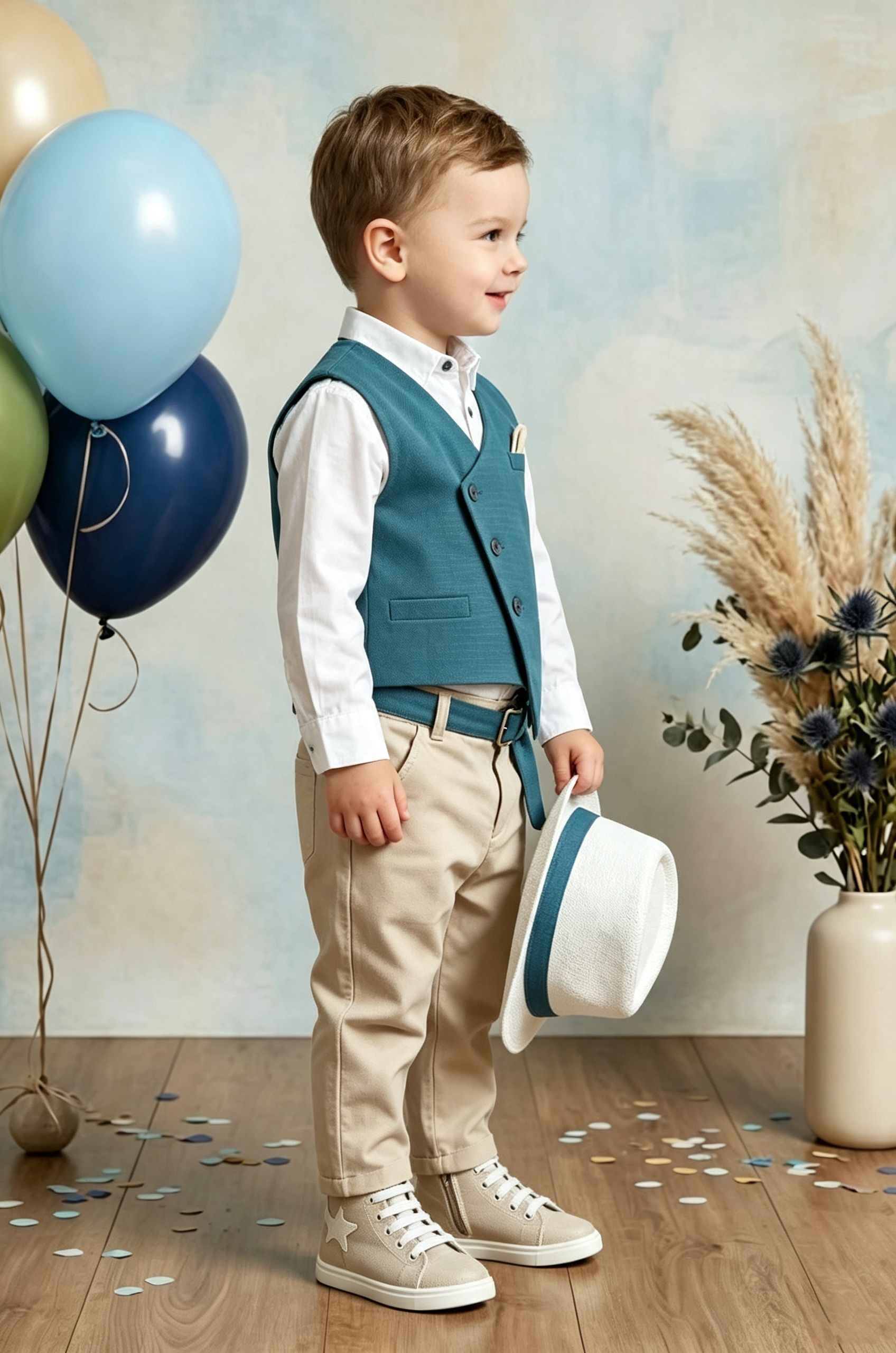 Teal?Blue & Khaki Linen?Blend Asymmetrical Single?Button Waistcoat 2?Piece Suit