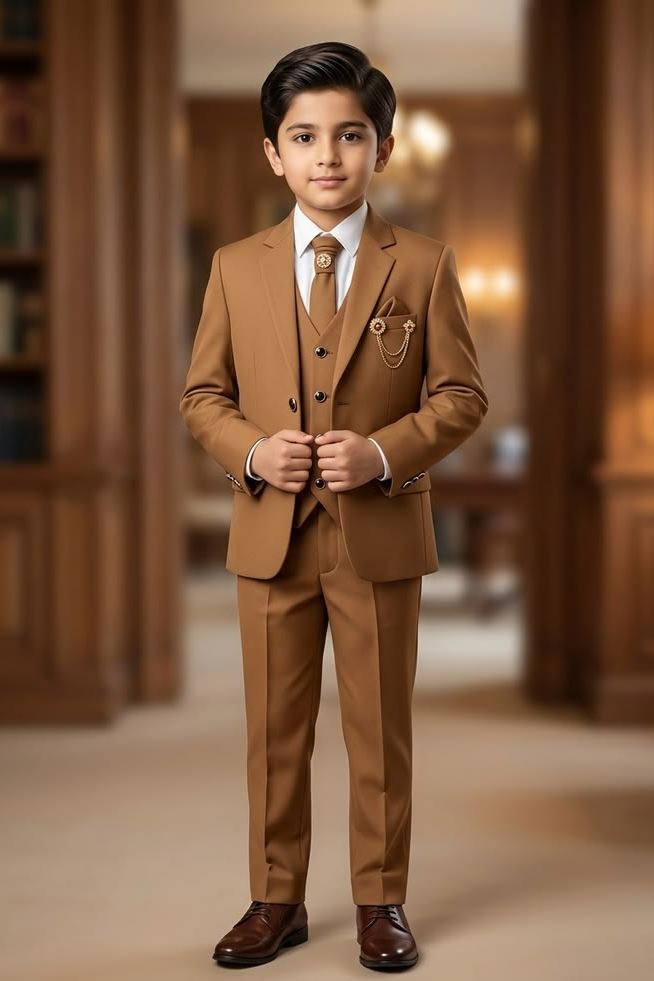 Brown Serge?Blend Single?Breasted Formal 3?Piece Suit