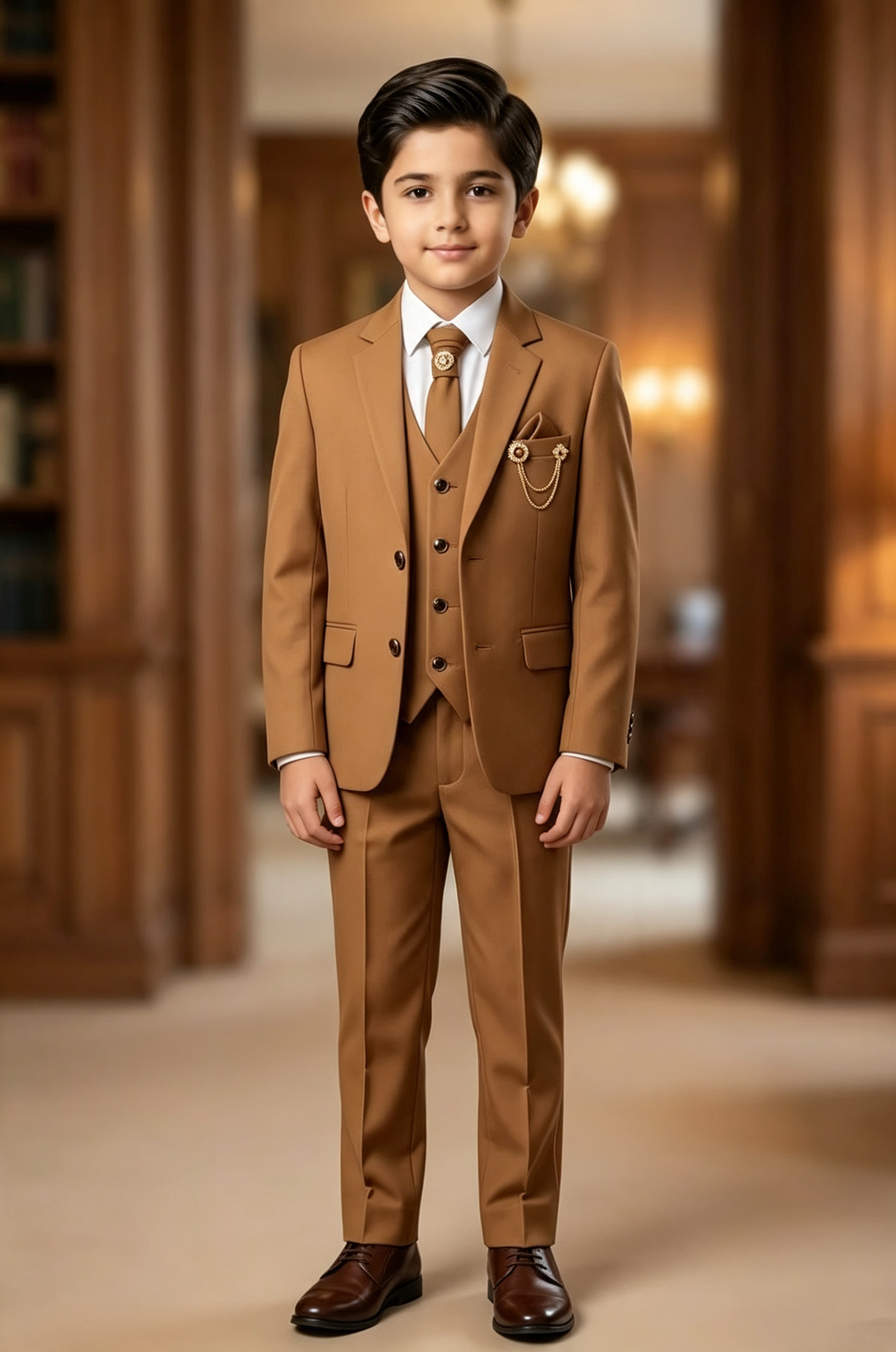 Brown Serge?Blend Single?Breasted Formal 3?Piece Suit