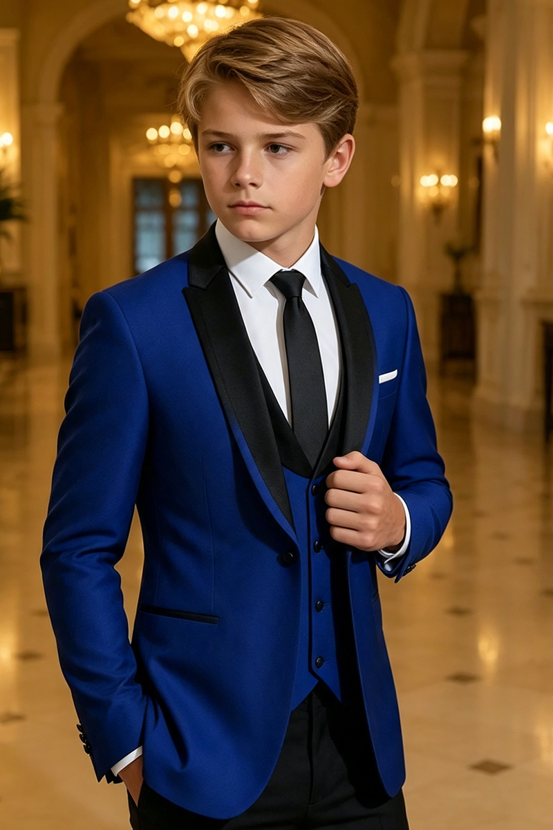 Boys Royal Blue Tuxedo with Black Shawl Lapel 3-Piece Suit for Weddings