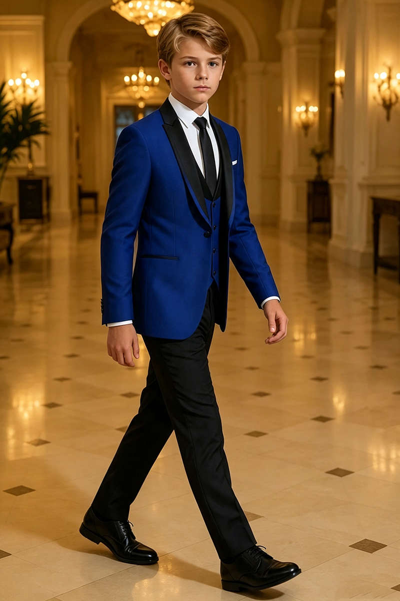 Boys Royal Blue Tuxedo with Black Shawl Lapel 3-Piece Suit for Weddings