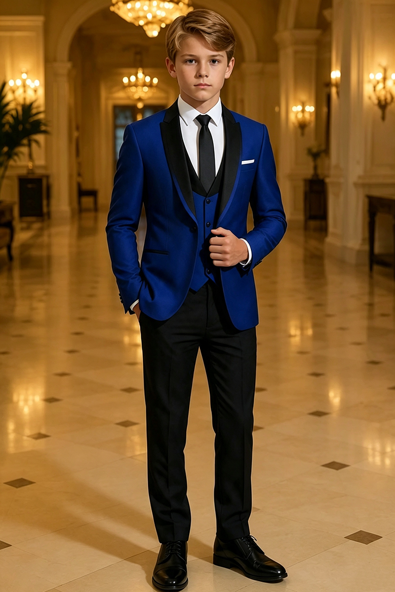 Boys Royal Blue Tuxedo with Black Shawl Lapel 3-Piece Suit for Weddings