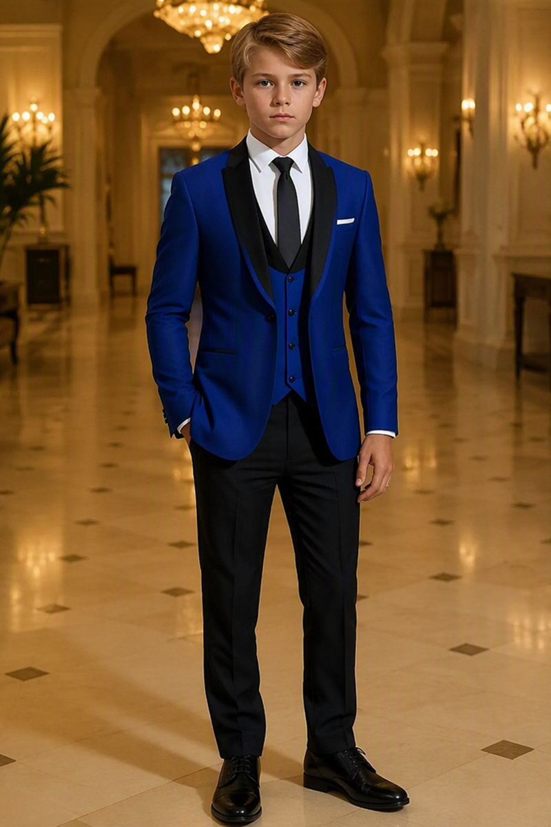 Boys Royal Blue Tuxedo with Black Shawl Lapel 3-Piece Suit for Weddings