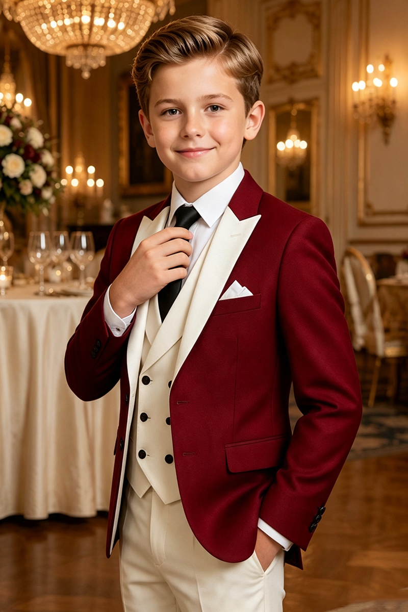 Boys Burgundy?Ivory Contrast Tuxedo with Shawl Lapel 3-Piece Suit for Weddings