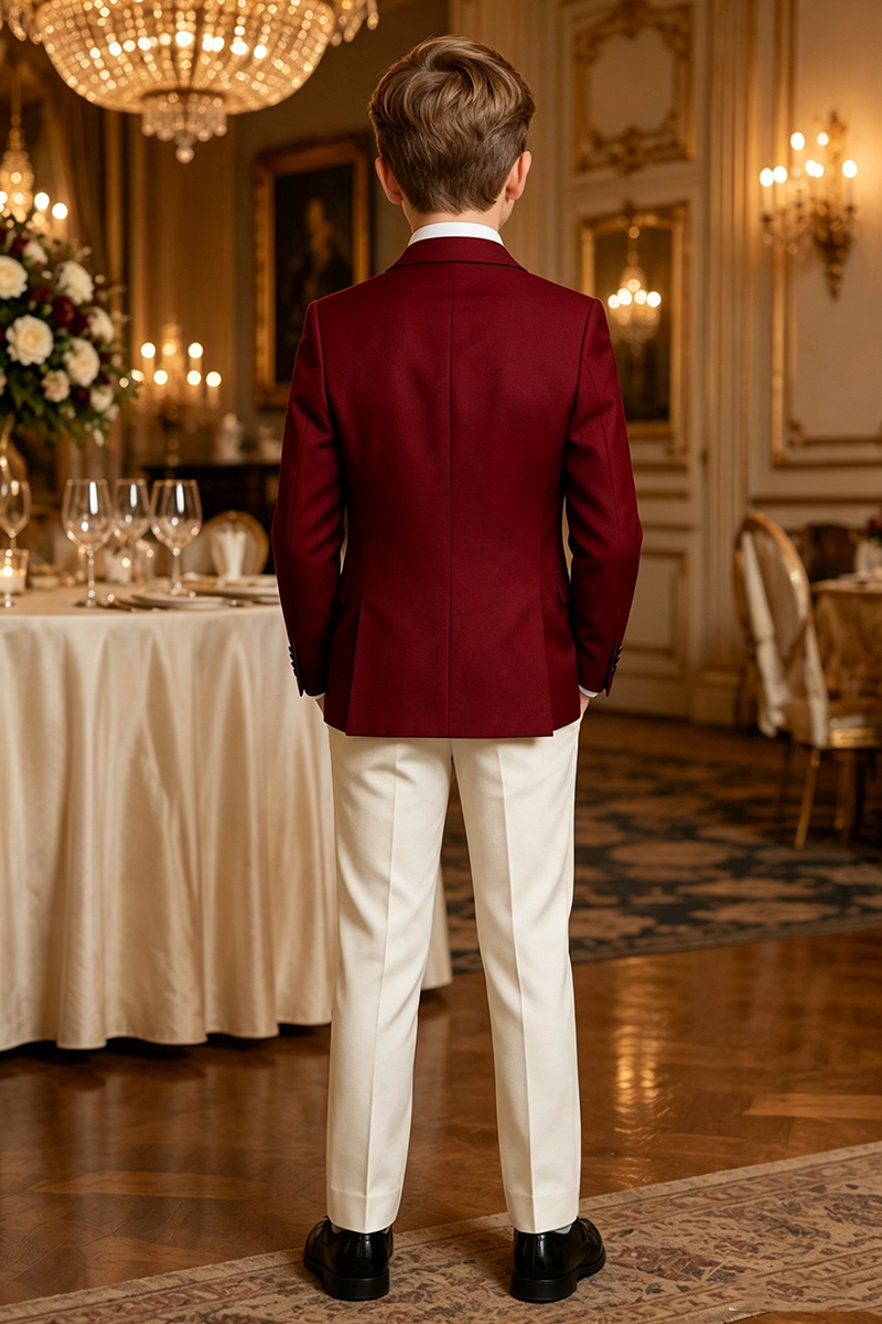 Boys Burgundy?Ivory Contrast Tuxedo with Shawl Lapel 3-Piece Suit for Weddings