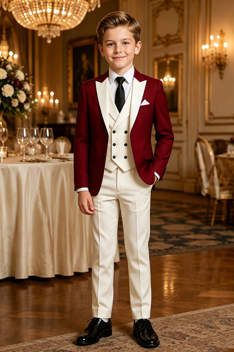 Boys Burgundy?Ivory Contrast Tuxedo with Shawl Lapel 3-Piece Suit for Weddings